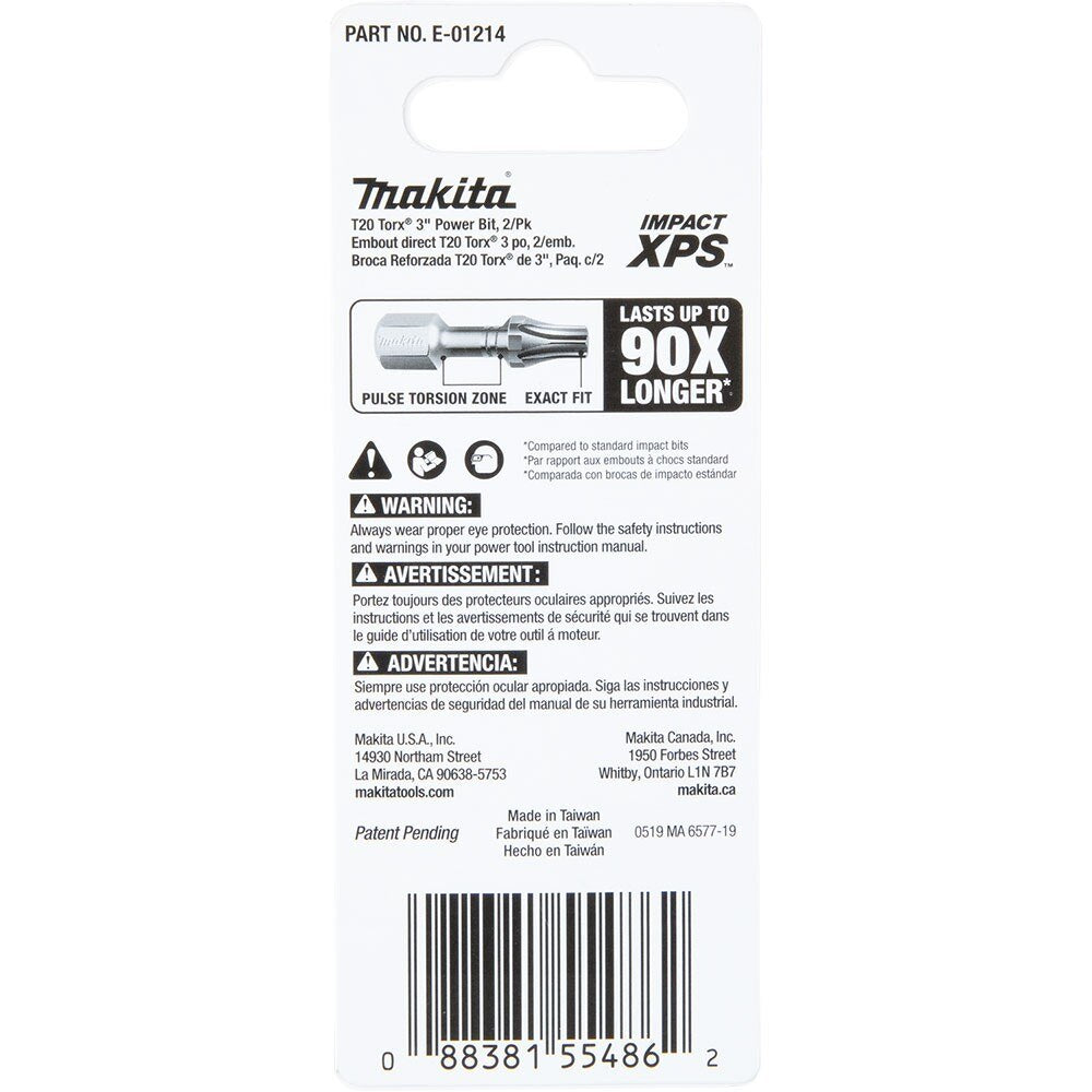 Makita E-01214 Impact XPS T20 Torx 3" Power Bit, 2 Pack
