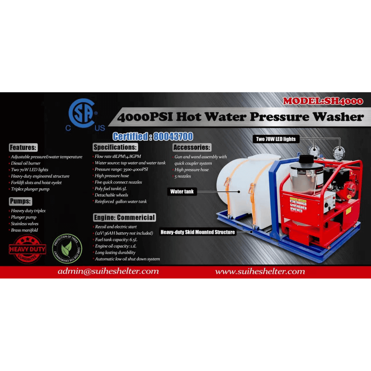 4000 PSI Commercial Hot Water Pressure Washer with Water Tank