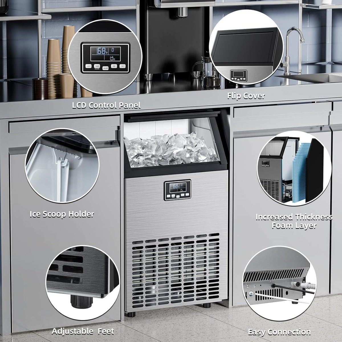 Commercial Ice Maker Machine 100lbs Moon-Shaped Ice Machine with Storage