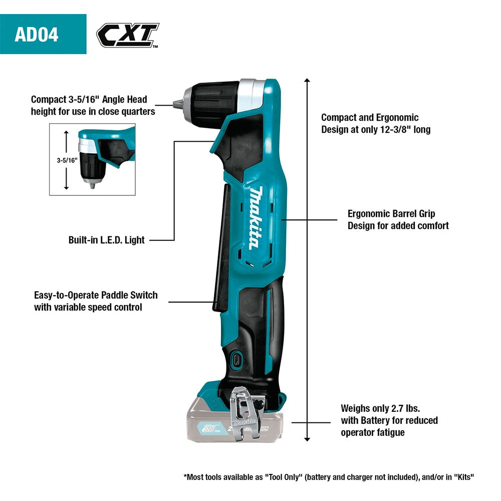 Makita AD04R1 12V max CXT Lithium-Ion Cordless 3/8" Right Angle Drill Kit