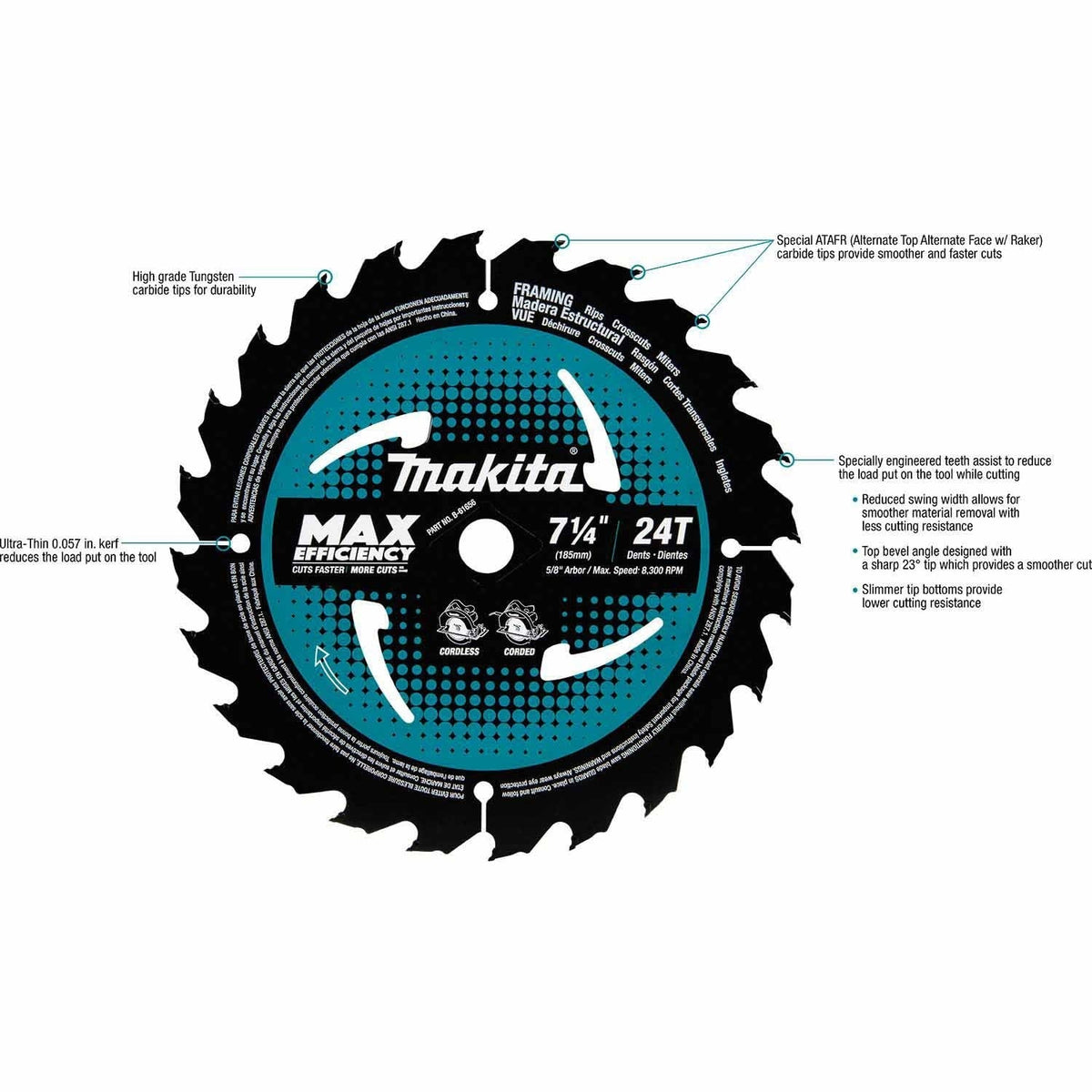 Makita B-61656-10 7-1/4" 24T Carbide-Tipped Ultra-Thin Kerf Framing Blade