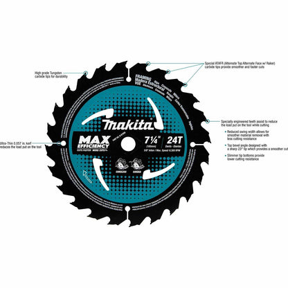 Makita B-61656-10 7-1/4" 24T Carbide-Tipped Ultra-Thin Kerf Framing Blade