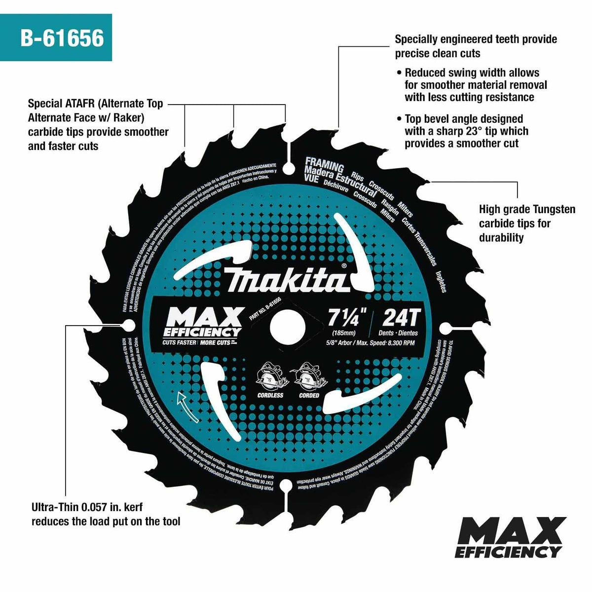 Makita B-61656-10 7-1/4" 24T Carbide-Tipped Ultra-Thin Kerf Framing Blade