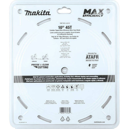 Makita B-62103 10" 45T Carbide-Tipped Max Efficiency Miter Saw Blade