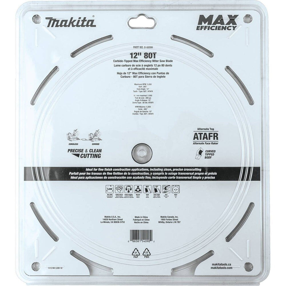 Makita B-66999 12" 80T Carbide-Tipped Max Efficiency Miter Saw Blade