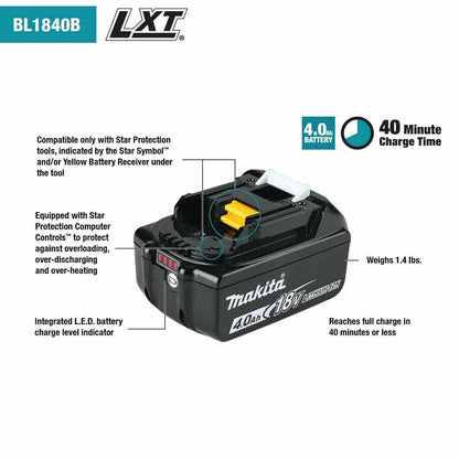 Makita BL1840BSC2 18V LXT Lithium-Ion Battery and Charger Starter Pack, 2ea. BL1840B, DC18SD (4.0Ah)