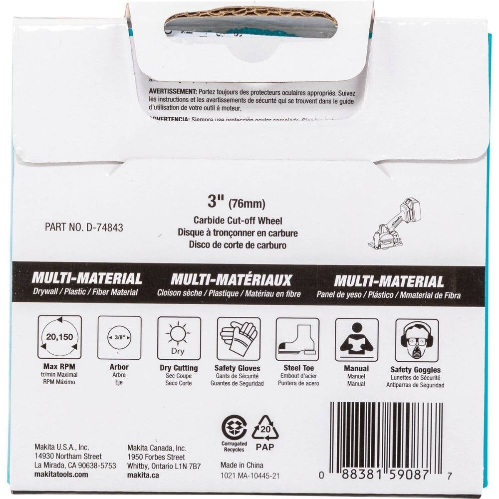 Makita D-74843 3" Carbide Grit Abrasive Multi-Material Cut-Off Wheel