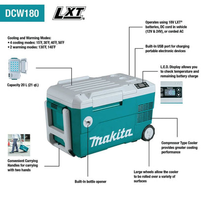 Makita DCW180Z 18V X2 LXT Lithium-Ion, 12V/24V DC Auto, and AC Cooler/Warmer, Tool Only
