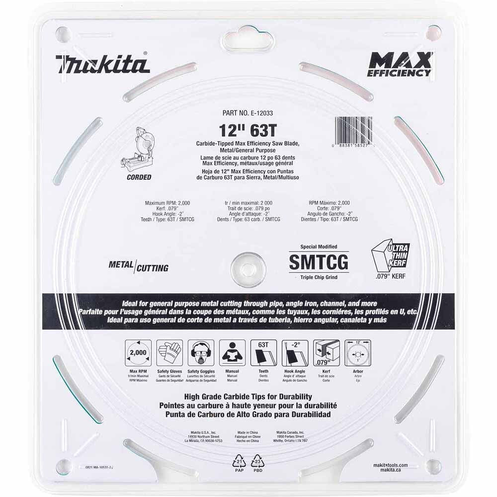 Makita E-12033 12" 63T Carbide-Tipped Max Efficiency Saw Blade, Metal/General Purpose