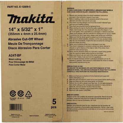 Makita E-12809-5 14" x 5/32" x 1" Abrasive Cut Off Wheel, 5/pk