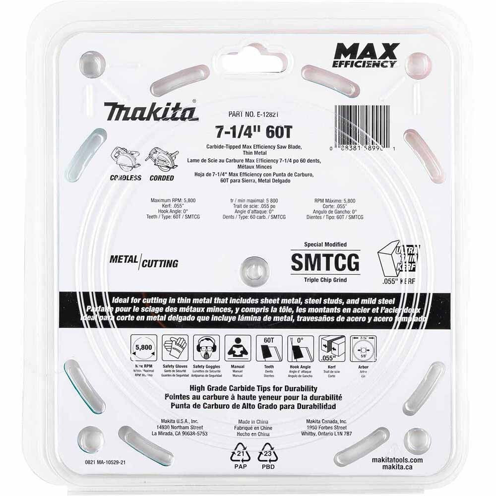 Makita E-12821 7-1/4" 60T Carbide-Tipped Max Efficiency Saw Blade, Metal/Stainless Steel