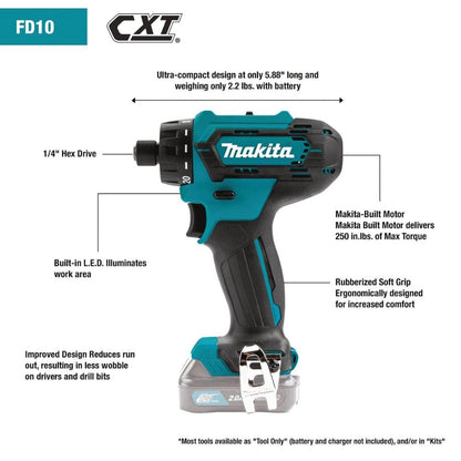 Makita FD10R1 12V Max CXT Lithium-Ion 1/4 In. Hex Driver-Drill Kit(2.0Ah)