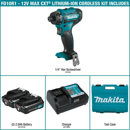 Makita FD10R1 12V Max CXT Lithium-Ion 1/4 In. Hex Driver-Drill Kit(2.0Ah)