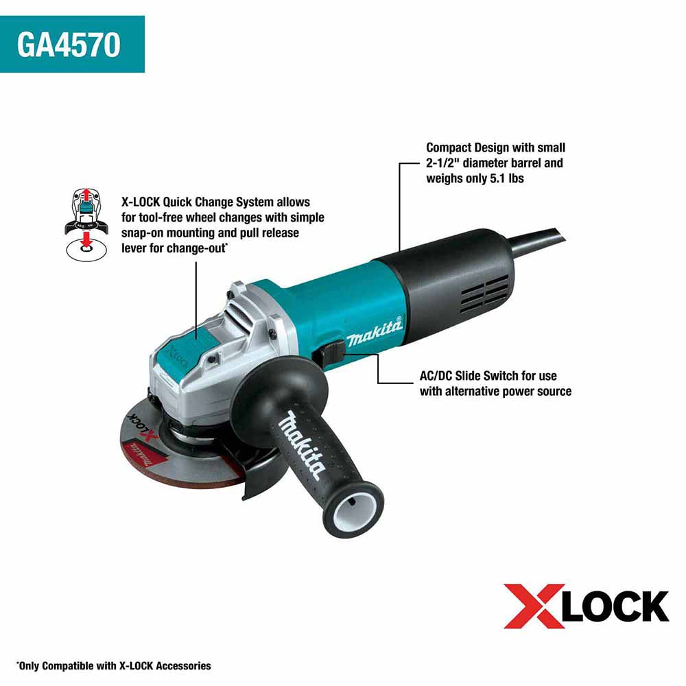 Makita GA4570 4-1/2" X-LOCK Angle Grinder, with AC/DC Switch
