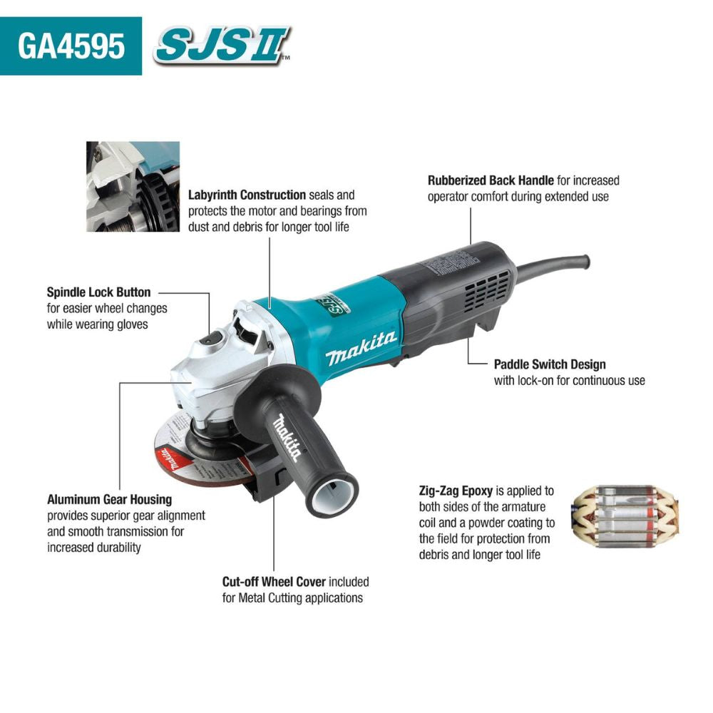 Makita GA4595 4-1/2" SJS II High-Power Angle Grinder, Paddle Switch