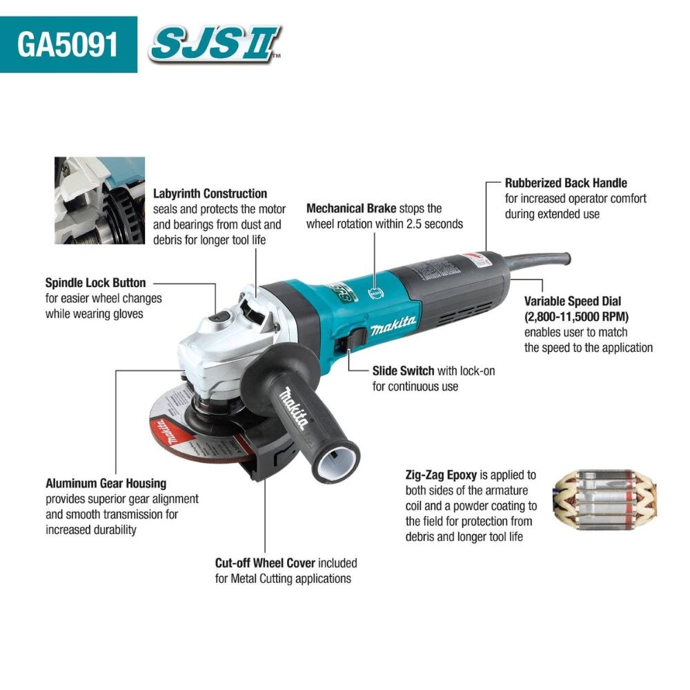Makita GA5091 5" SJS II High-Power Angle Grinder w/ Brake