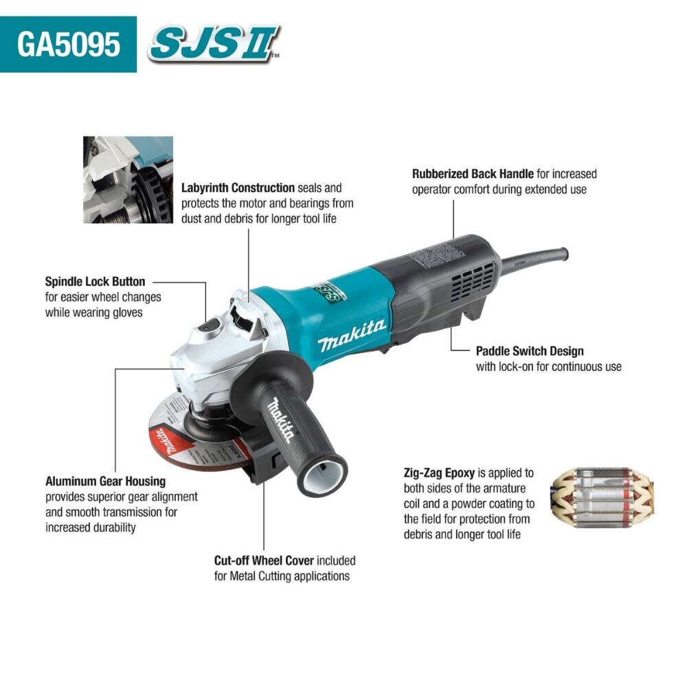Makita GA5095 5" SJS II High-Power Angle Grinder, Paddle Switch