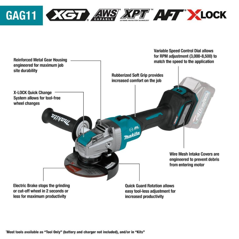 Makita GAG11Z 40V max XGT Brushless Cordless 4-1/2" / 5" X-LOCK Angle Grinder, with Electric Brake, AWS Capable, Tool Only