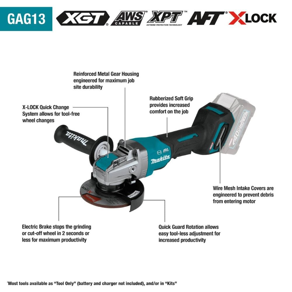 Makita GAG13M1 40V max XGT Brushless Cordless 4-1/2" / 5" X-LOCK Paddle Switch Angle Grinder Kit, with Electric Brake (4.0Ah)