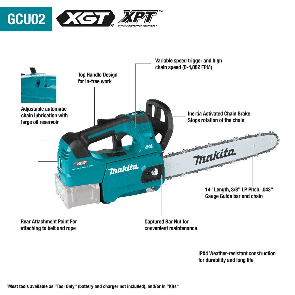 Makita GCU02T 40V Max XGT Brushless Cordless 14 Inch Top Handle Chain Saw Kit (2 5.0Ah Batteries)