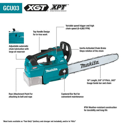 Makita GCU03M1 40V max XGT Brushless Cordless 16" Top Handle Chain Saw Kit (4.0Ah)