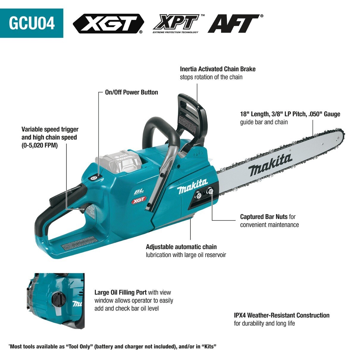 Makita GCU04T 40V Max XGT Brushless Cordless 18 in Chain Saw Kit (2 5.0Ah Batteries and Charger)
