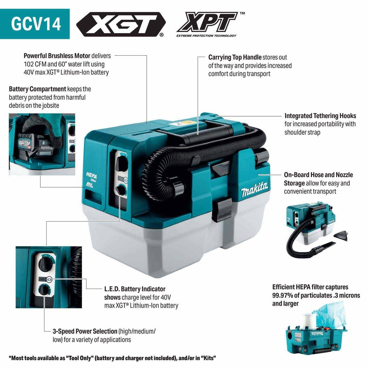Makita GCV14Z 40V max XGT Brushless Cordless 2 Gallon HEPA Wet/Dry Dust Extractor/Vacuum, Tool Only