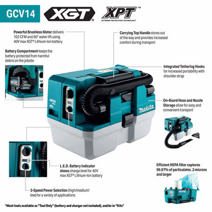 Makita GCV14Z 40V max XGT Brushless Cordless 2 Gallon HEPA Wet/Dry Dust Extractor/Vacuum, Tool Only