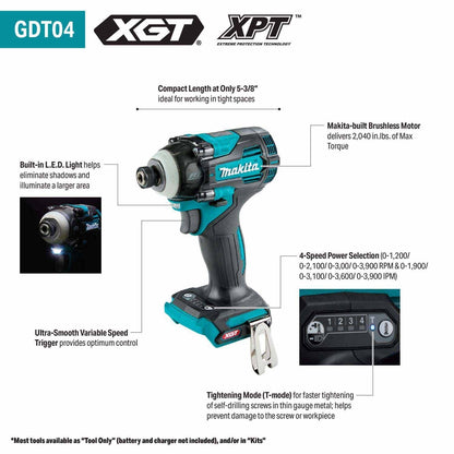 Makita GDT04D 40V max XGT Brushless High Torque 4-Speed Impact Driver Kit (2.5Ah Batteries)