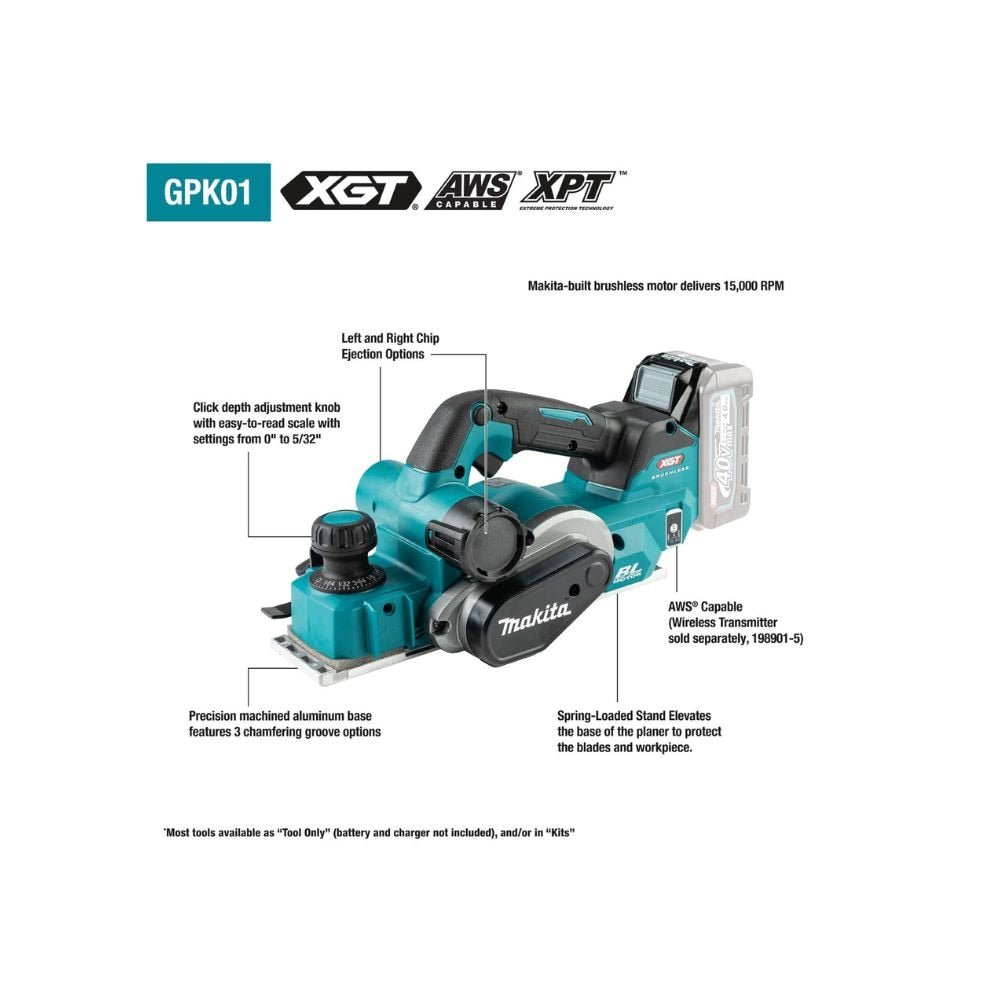 Makita GPK01M1 40V max XGT Brushless Cordless 3-1/4" Planer Kit, AWS Capable (4.0Ah)