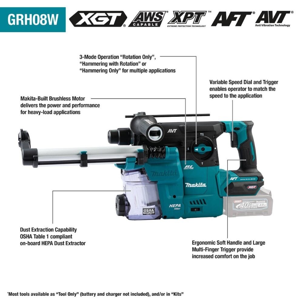 Makita GRH08M1W 40V max XGT Brushless Cordless 1-3/16" AVT Rotary Hammer Kit w/Dust Extractor, accepts SDS-PLUS bits, AFT, AWS Capable (4.0Ah)