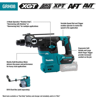 Makita GRH08M1 40V max XGT Brushless Cordless 1-3/16" AVT Rotary Hammer Kit, accepts SDS-PLUS bits, AFT, AWS Capable, bag, with one battery (4.0Ah)