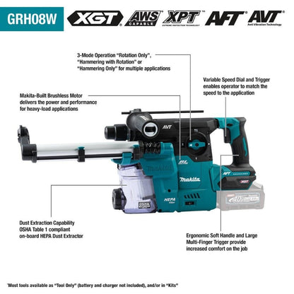 Makita GRH08ZW 40V max XGT Brushless Cordless 1-3/16" AVT Rotary Hammer w/ Dust Extractor, accepts SDS-PLUS bits, AFT, AWS Capable, Tool Only