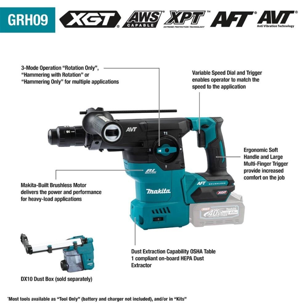 Makita GRH09Z 40V max XGT Brushless Cordless 1-3/16" AVT Rotary Hammer, accepts SDS-PLUS, with Interchangeable Chuck, AWS Capable, Tool Only