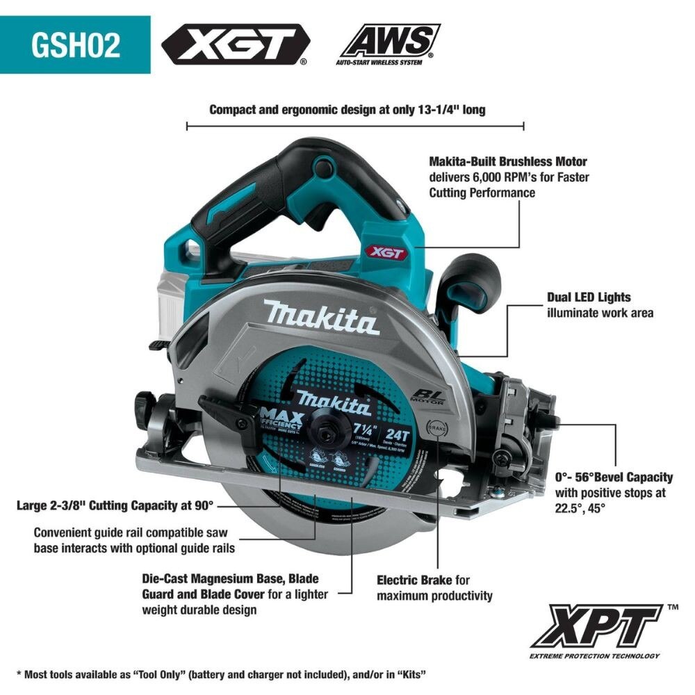 Makita GSH02M1 40V max XGT Brushless Cordless 7-1/4" Circular Saw Kit, guide rail compatible base, AWS Capable, bag, with one battery (4.0Ah)