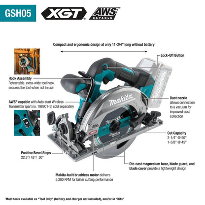 Makita GSH05M1 40V max XGT Brushless Cordless 6-1/2" Circular Saw Kit, AWS Capable (4.0Ah)