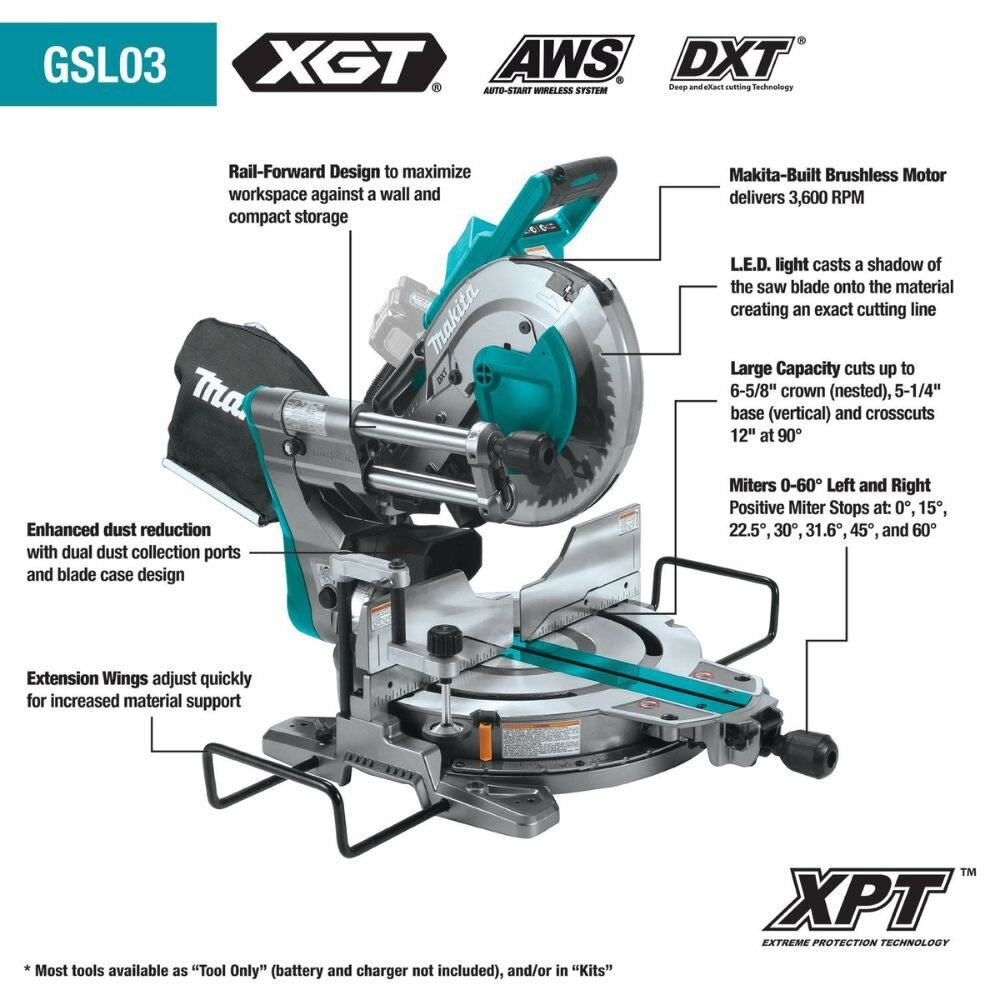 Makita GSL03Z 40V max XGT Brushless Cordless 10" Dual-Bevel Sliding Compound Miter Saw, AWS Capable (Tool Only)