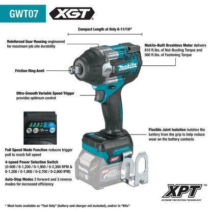 Makita GWT07D 40V max XGT Brushless Cordless 4-Speed Mid-Torque 1/2" Sq. Drive Impact Wrench Kit w/ Friction Ring Anvil, var. spd., rev., L.E.D. Light, bag (2.5Ah)