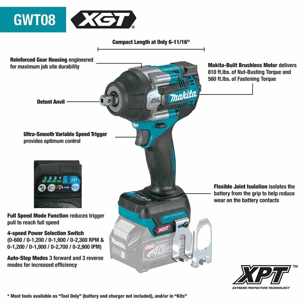 Makita GWT08D 40V max XGT 1/2" Sq. Drive Impact Wrench Kit