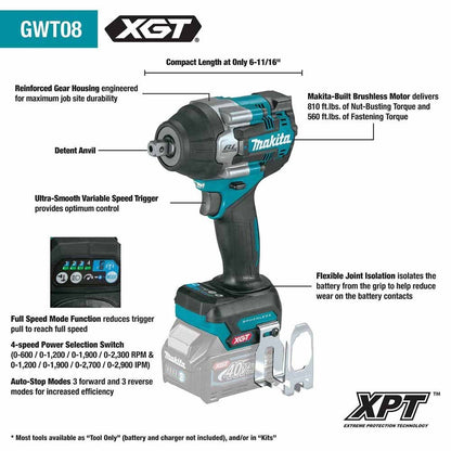 Makita GWT08D 40V max XGT 1/2" Sq. Drive Impact Wrench Kit