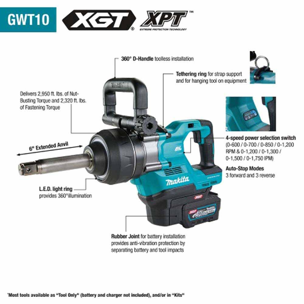 Makita GWT10Z 40V max XGT Brushless 4-Sp 1" Sq. Drive Anvil Impact Wrench w/ Friction Ring,Tool Only