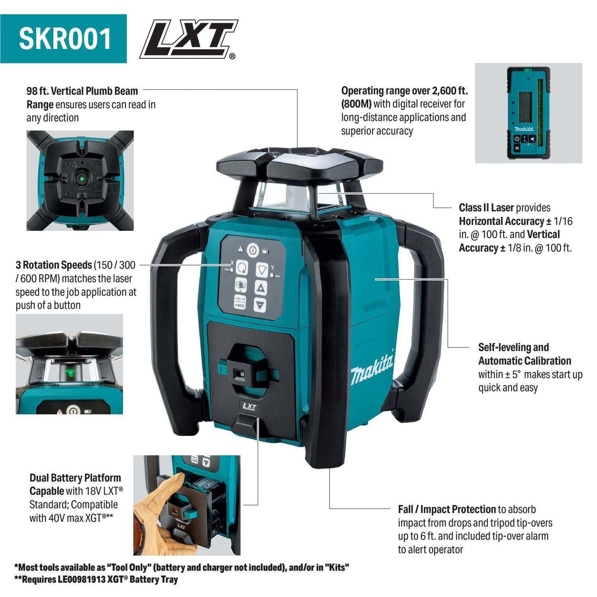 Makita SKR001Z 18V LXT Green Dual Slope 360 Degree Rotary Laser Level 2600 ft with Case (Tool Only)