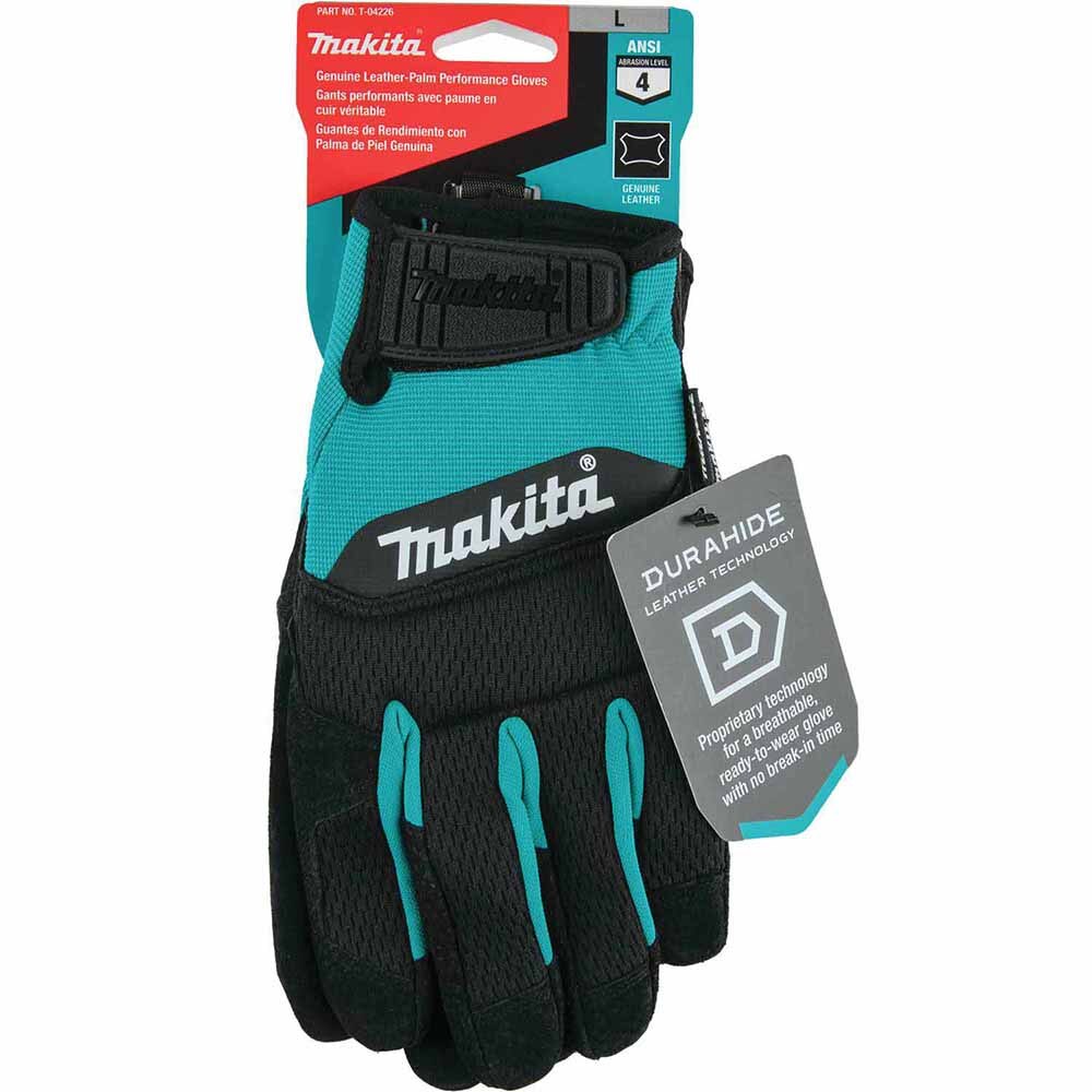 Makita T-04226 100% Genuine Leather-Palm Performance Gloves (Large)