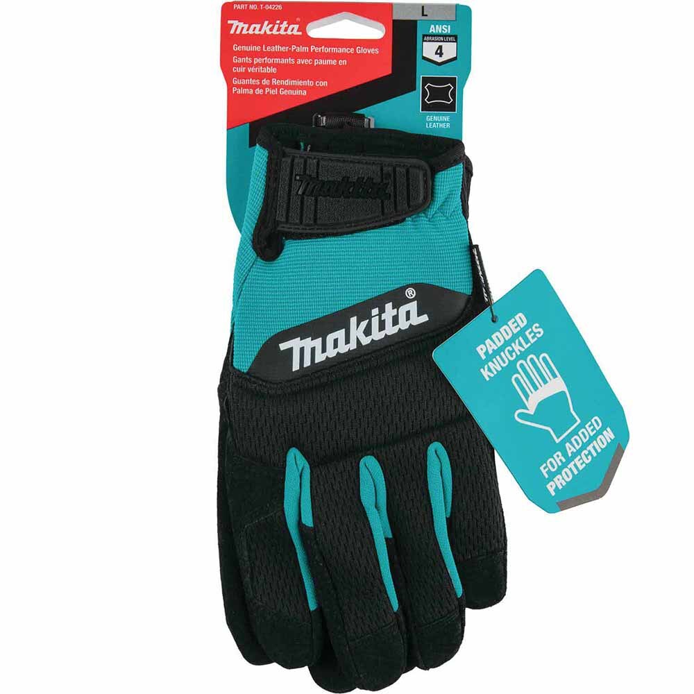 Makita T-04226 100% Genuine Leather-Palm Performance Gloves (Large)