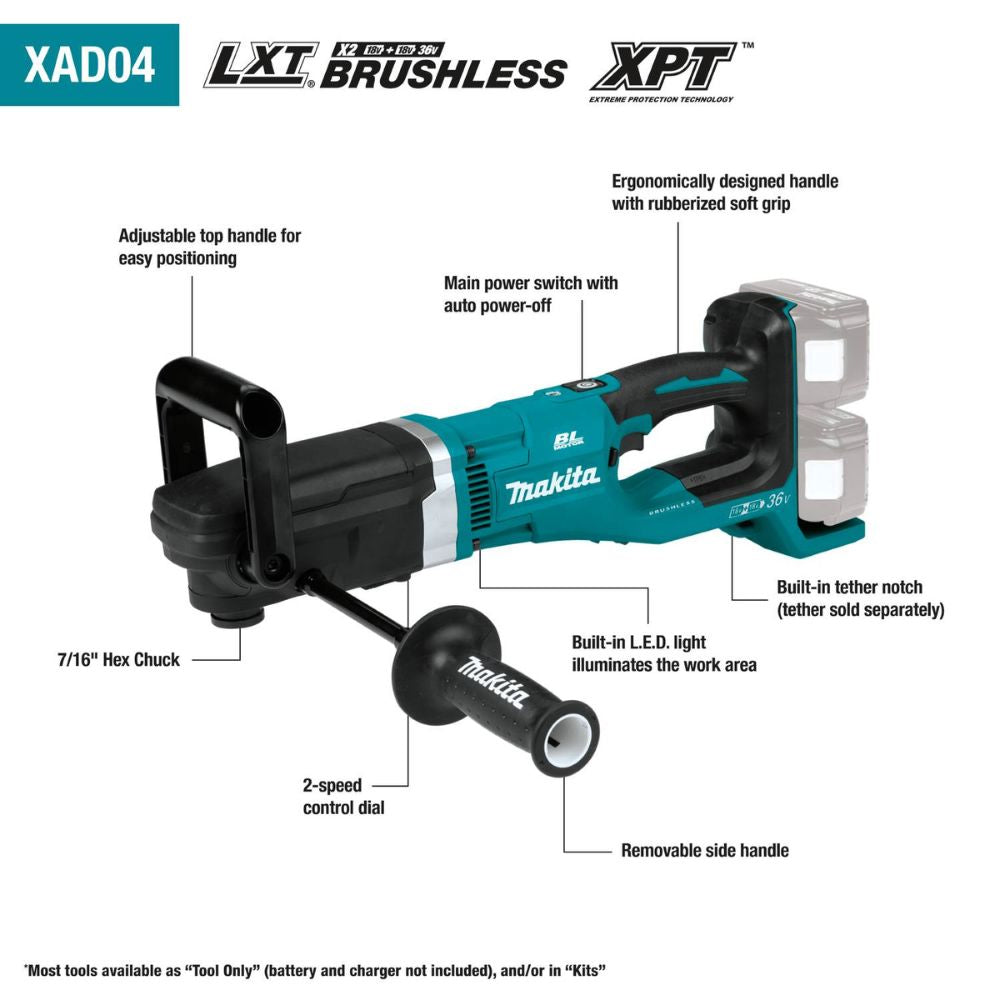 Makita XAD04PT 36V (18V X2) LXT Brushless 7/16" Hex Right Angle Drill Kit (5.0Ah)
