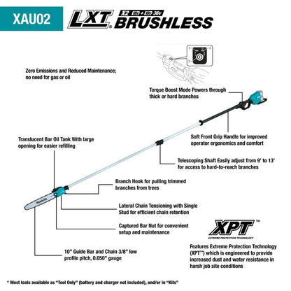 Makita XAU02PTB 36V (18V X2) LXT Brushless 10" Telescoping Pole Saw Kit, 13' Length (5.0Ah)