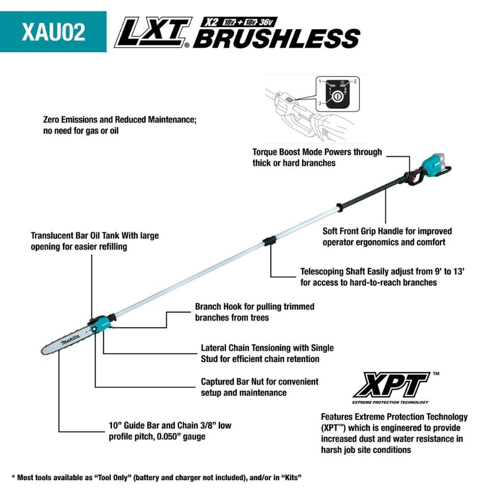 Makita XAU02ZB 36V (18V X2) LXT Brushless 10" Telescoping Pole Saw, 13' Length (Tool Only)
