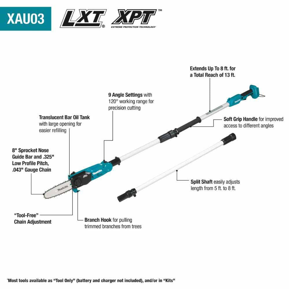 Makita XAU03Z 18V LXT Lithium-Ion Brushless Cordless 8" Extendable Articulating Pole Saw, Tool Only