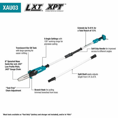 Makita XAU03Z 18V LXT Lithium-Ion Brushless Cordless 8" Extendable Articulating Pole Saw, Tool Only