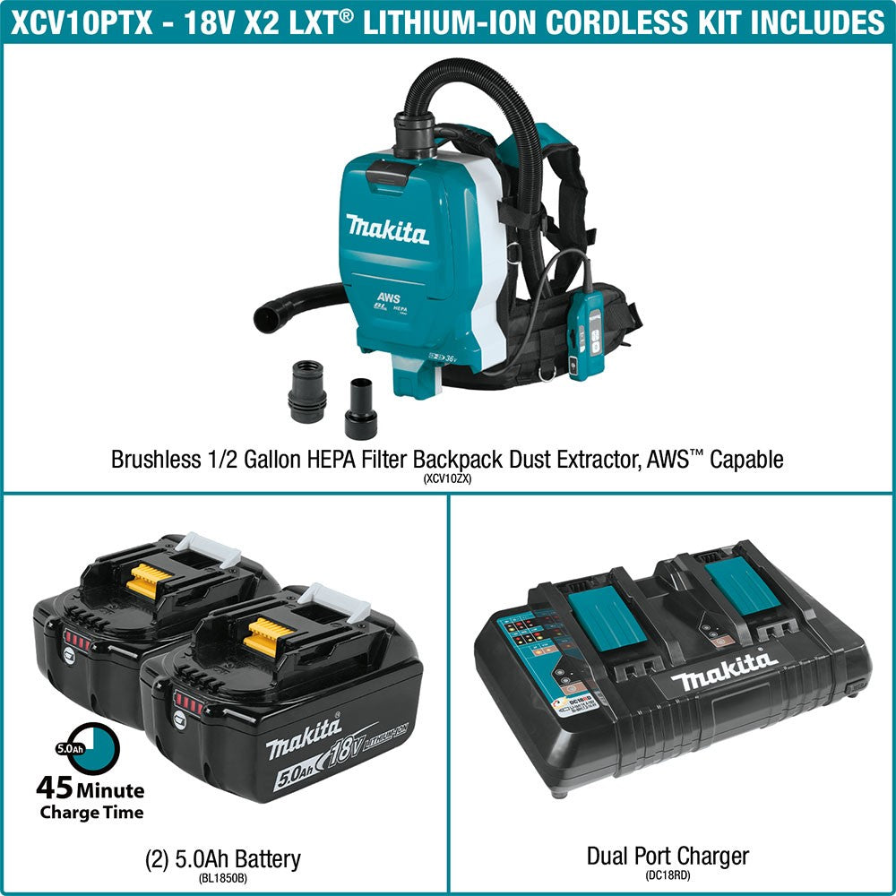 Makita XCV10PTX 18V X2 LXT 1/2 Gallon Backpack Dry Dust Extractor Kit